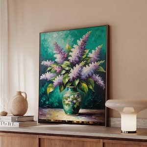 Impresión en lienzo de un ramo de lilas moradas, póster de pintura al óleo floral impresionista, arte mural de flores de primavera en jarrón verde azulado, regalo de decoración botánica mate