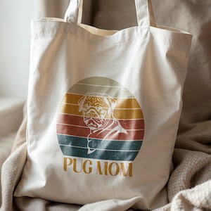 Pug Mom Tote Bag - Cute Dog Lover Gift - Retro Pug Art Print - Funny Pet Mom Tote - Vintage Style Pug Owner Bag - Dog Breed Gift for Her