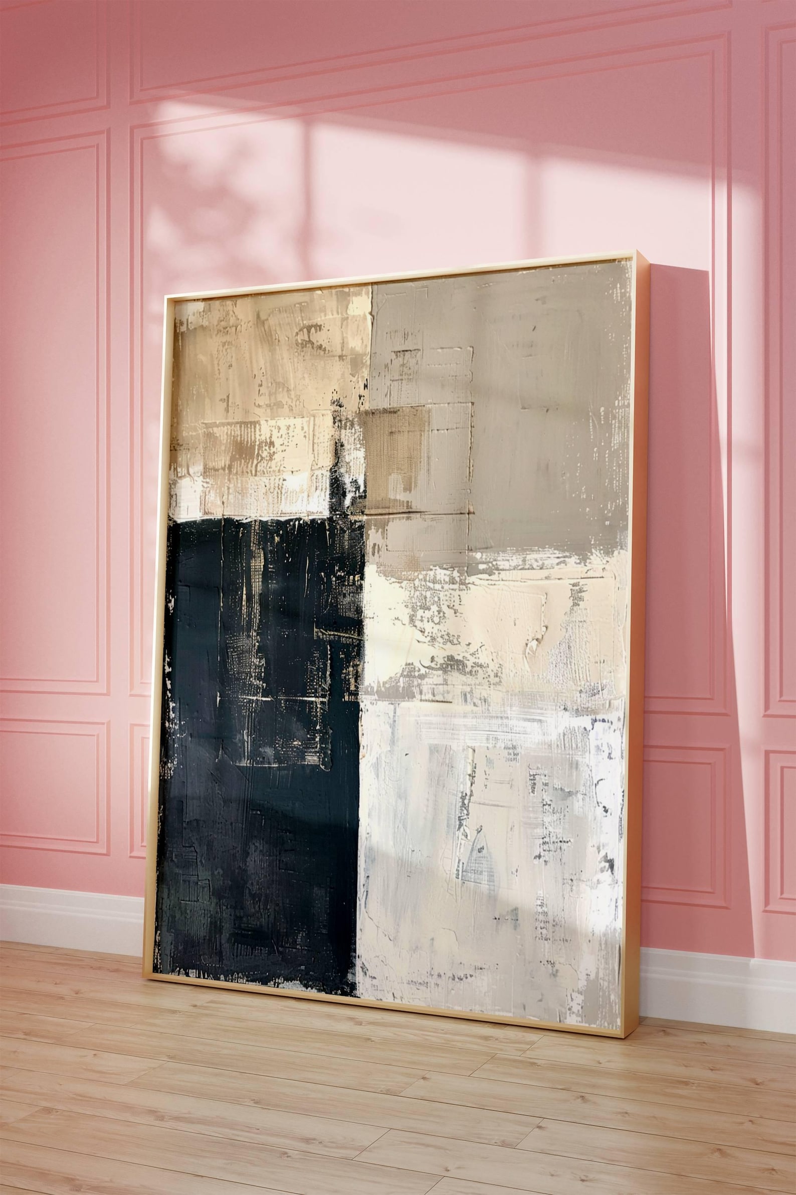 Neutral Abstract Wall Art, Black Beige Cream Printed Painting, Modern ...