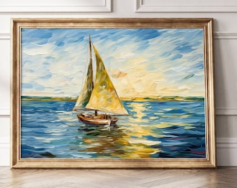 Nautical Sailboat Wall Art, Classic Coastal Decor, Blue Ocean Print Timeless Beach House Artwork Sailing Boat Poster New England Coastal Art