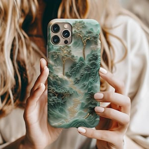 3D Jade Mountain Landscape Phone Case – Gold Foil Chinese Art for iPhone, Samsung, Google Pixel, Elegant Zen Nature Aesthetic Phone Cover