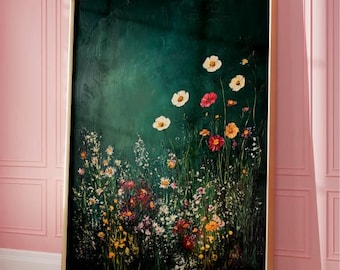 Wildflower Field Wall Art, Vintage Botanical Landscape Sign, Modern Farmhouse Printed Art, Field Of Flower Painting Print, Floral Decor