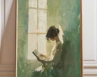 Woman Reading by Window Wall Art, Abstract Green Painting, Cozy Figurative Illustration, Soft Light Modern Poster or Canvas Print Decor