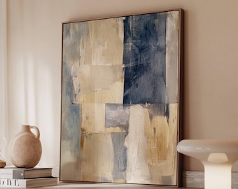 Neutral Abstract Wall Art Print in Beige and Blue, Modern Patchwork Painting Poster or Canvas, Calm Minimal Artwork for Home Decor