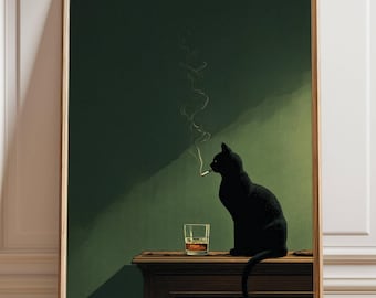 May include: A framed art print featuring a black cat smoking a cigarette, sitting on a wooden surface. A glass of amber liquid sits beside the cat. The background is a dark green wall with a light source.