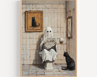 Funny Ghost Bathroom Wall Art, Vintage Spooky Decor, Dark Cottagecore Poster, Gothic Humor Print, Halloween Bathroom Art Whimsical Ghost Art