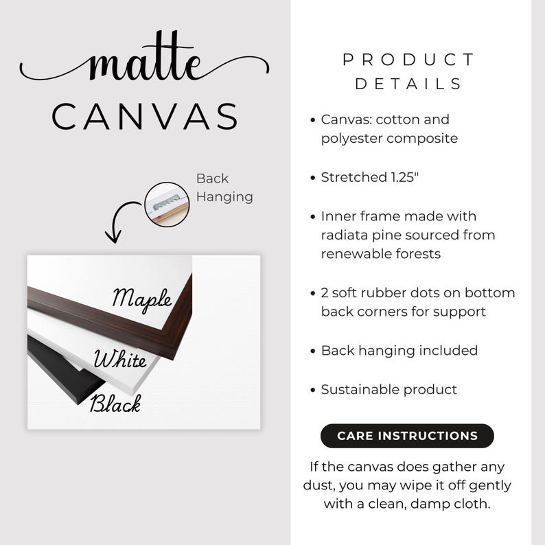 Puede incluir: Un producto de lienzo mate con fondo blanco. La imagen muestra una esquina de un lienzo con un marco de arce y ejemplos de marcos blancos y negros. El texto incluye "matte CANVAS" y "PRODUCT DETAILS".