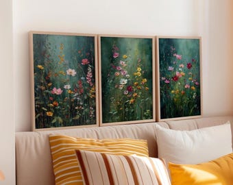 Set di 3 stampe artistiche da parete botaniche - Trittico di natura verde - Stampe artistiche floreali moderne - Grande decorazione da parete per camera da letto, soggiorno, ufficio