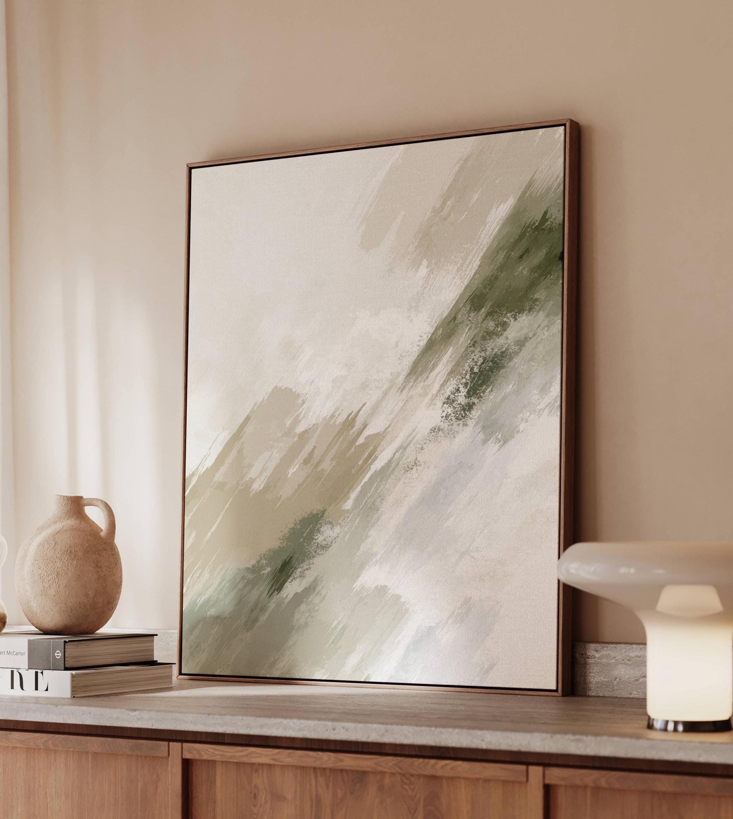 Japandi Neutral Abstract Wall Art | Sage Green Beige Canvas Print