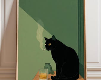 May include: Framed art print featuring a black cat with yellow eyes, smoking a cigarette. The cat sits on a wooden table next to a glass of amber liquid and a green jar. The background is a muted green with a beam of light.