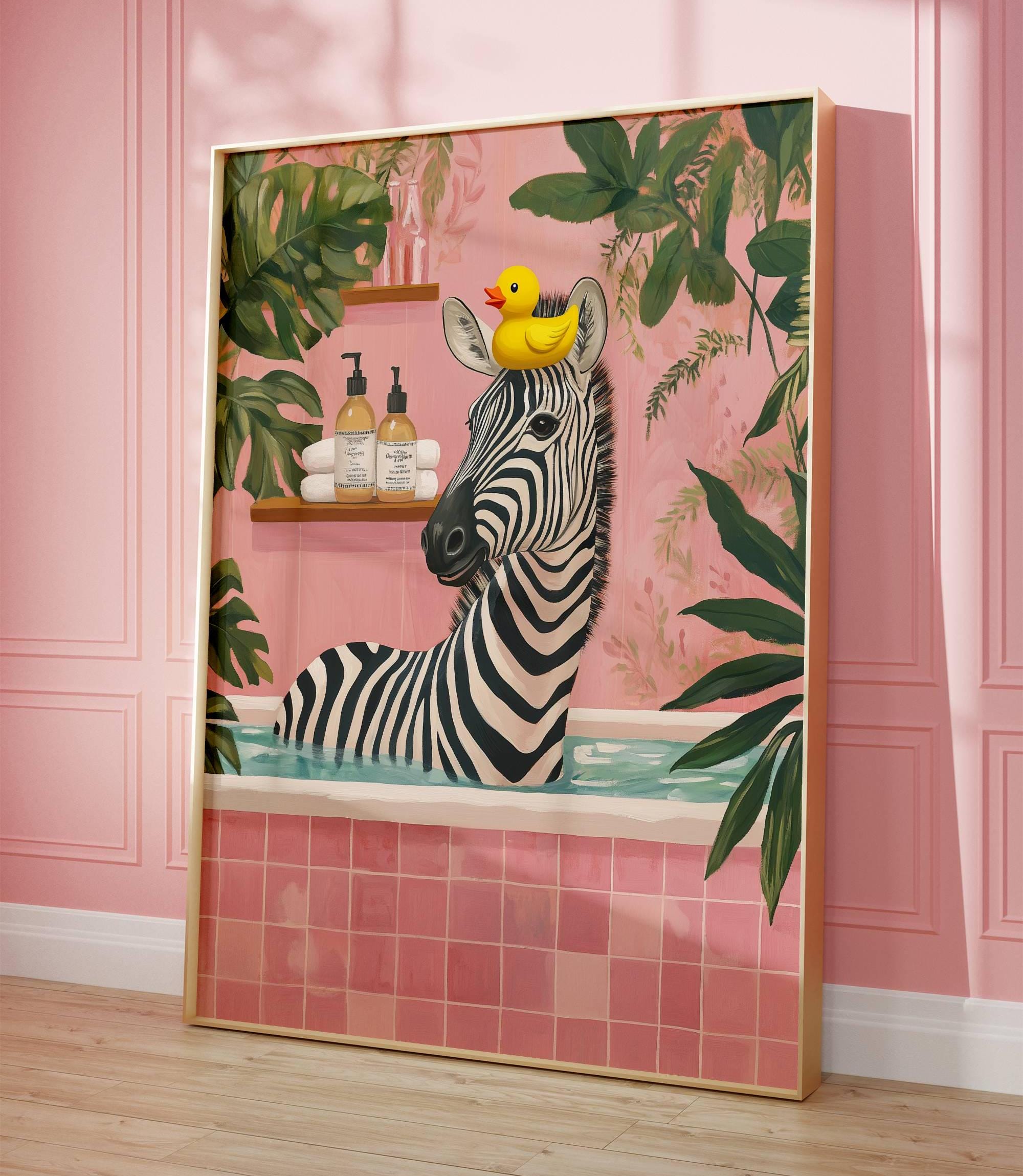 Quirky Zebra Bathroom Art Print - Pink Jungle Bathtub Decor