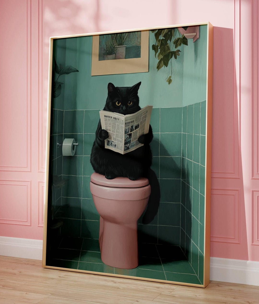 Funny Black Cat on Pink Toilet Art Print, Bathroom Humor Poster, Retro ...