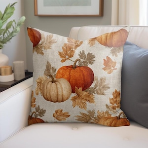 Rustic Pumpkin Fall Throw Pillow | Autumn Leaves Pillow Cover | Farmhouse Thanksgiving Decor | Cozy Harvest Cushion for Sofa or Porch