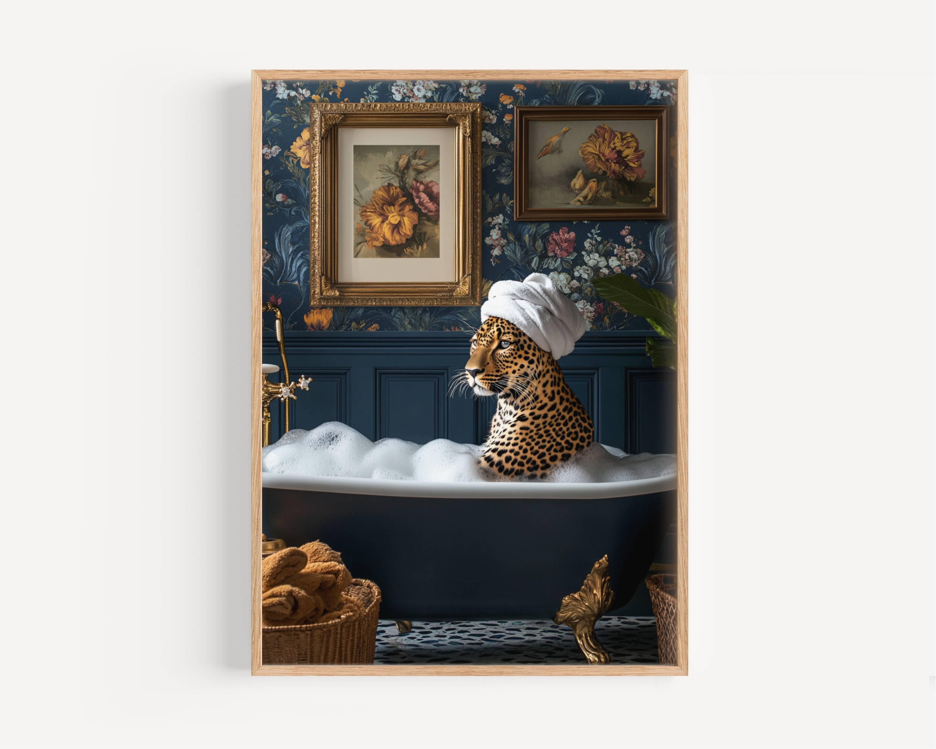 Leopard Bathtub Art Print - Vintage Glam Bathroom Decor - Funny Animal ...