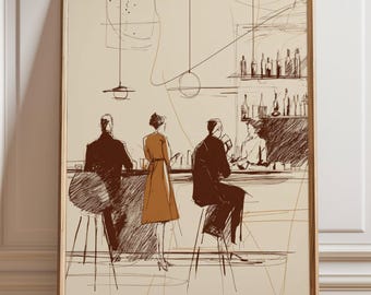 Bar Scene Wall Art Sketch Illustration Hand Drawn Ink Art Minimalist Bistro Decor Modern Cafe Print Poster or Canvas Wine Bar Art