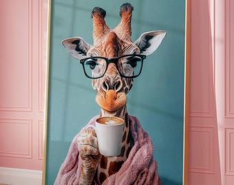 Funny Giraffe Bathroom Wall Art - Quirky Coffee Lover Print - Cute Animal Poster - Cozy Morning Decor - Hipster Giraffe with Latte Artwork