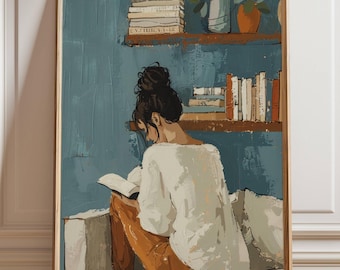 Woman Reading Wall Art, Cozy Book Lover Painting, Blue Library Artwork, Modern Figurative Home Decor, Reading Nook Canvas or Poster