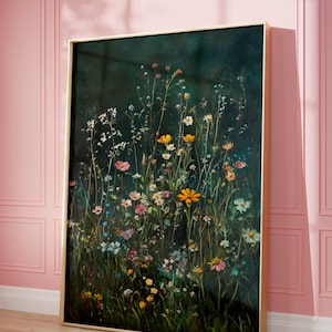 Vintage Wildflower Art Print - Dark Green Floral Wall Decor - Cottagecore Botanical Painting - Rustic Nature Aesthetic Home Decor Wall Art