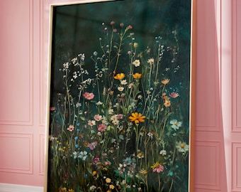 Lámina artística vintage de flores silvestres - Decoración floral de pared verde oscuro - Pintura botánica estilo cottagecore - Decoración rústica de pared con estética natural