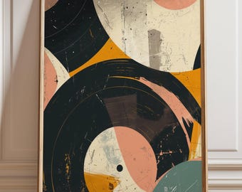 May include: Abstract art print featuring overlapping black, orange, pink, and cream-colored circular shapes, resembling vinyl records. The artwork has a distressed, textured appearance and is framed in a wooden frame.