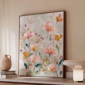 Art mural prairie florale pastel doux - Toile de fleurs aquarelle romantique ou affiche mate - Décoration murale Cottagecore & Botanical Home