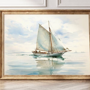 Impressão de veleiro em aquarela vintage, pintura náutica do oceano, decoração de mar calmo, ilustração de barco costeiro, arte de parede marinha, ideia de presente de vela