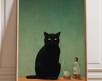 May include: A framed art print featuring a black cat with yellow eyes, sitting on a wooden surface. A glass of whiskey and a bottle of liquor are next to the cat. The background is a gradient of green.