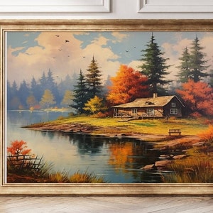 Impresión artística de cabaña vintage junto al lago, pintura de paisaje otoñal, decoración rústica de pared con naturaleza, póster de casa de campo, escena acogedora de bosque, regalo de bosque