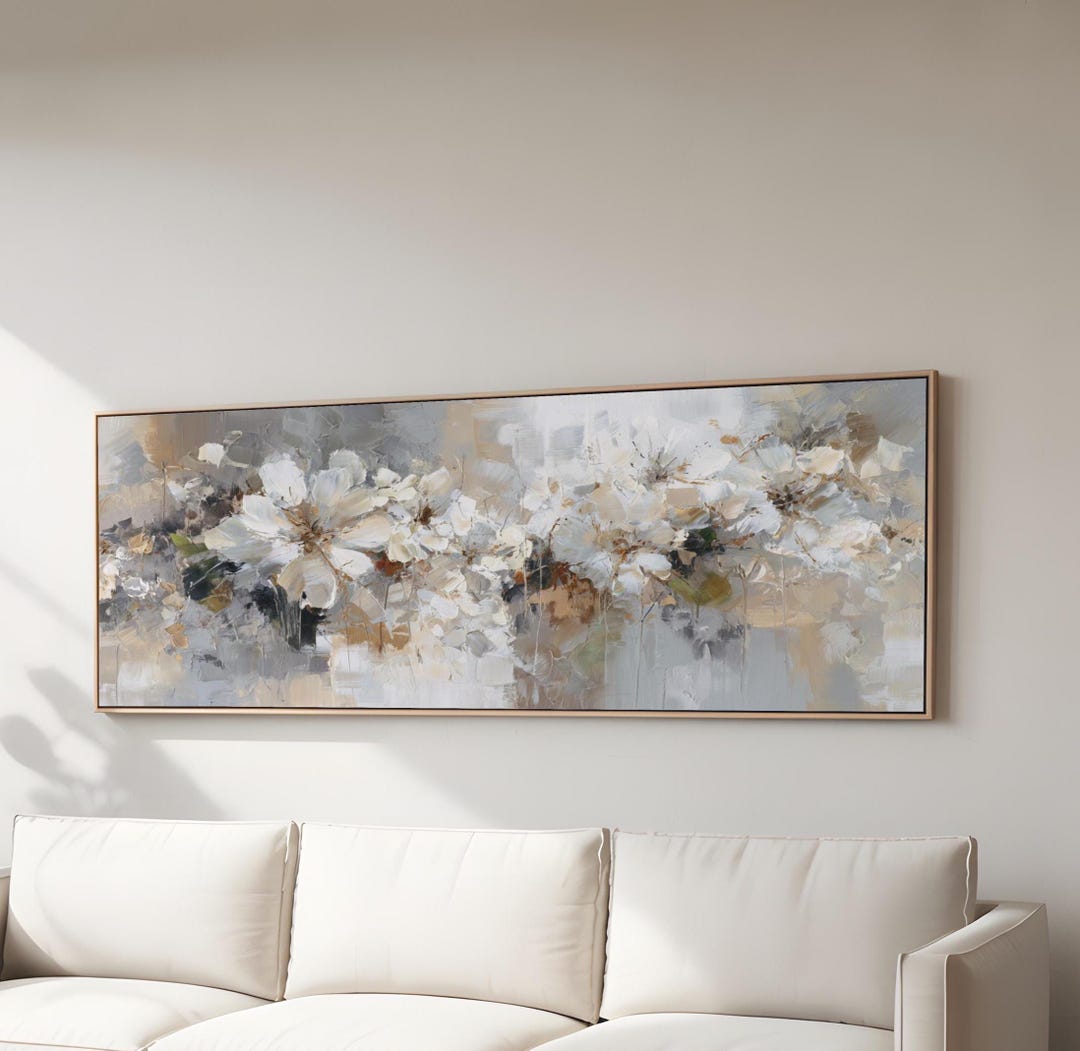 Neutral Abstract White Floral Canvas Wall Art Modern Beige Gray ...