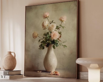 Romantic Floral Still Life Canvas Wall Art – Vintage Roses in Vase Wall Art, Neutral Pink Rose Print for Shabby Chic or Antique Decor Style