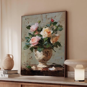 Vintage Rose Oil Painting Canvas Wall Print, Antique Vase Floral Wall Art, Romantic Shabby Chic Decor, French Country Botanical Still Life