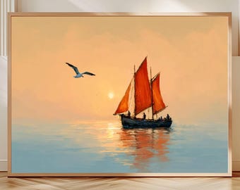 Könnte beinhalten: Gerahmtes Gemälde, das ein Segelboot mit orangefarbenen Segeln auf ruhigem Wasser bei Sonnenuntergang zeigt. Eine Möwe fliegt über dem Boot. Das Kunstwerk verwendet eine warme Farbpalette aus Orange, Gelb und Blau.
