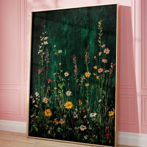 Vintage Wildflower Art Print - Dark Green Floral Wall Decor - Botanical Painting - Rustic Nature Aesthetic - Cottagecore Home Decor Art