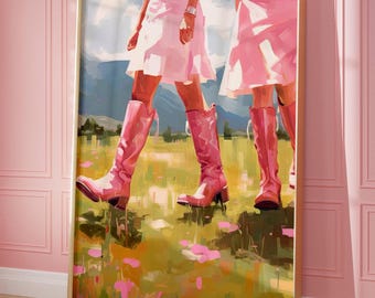 Väggkonst med rosa cowgirlstövlar, kustnära cowgirldekor, kokett westerntryck, trendig flickig poster, westernestetik i studentrummet
