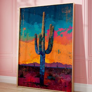 Colorful Desert Cactus Art Print, Southwest Sunset Landscape Painting, Modern Boho Arizona Wall Decor, Vibrant Home Poster, Western Gift