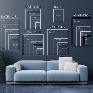 May include: A display of various print sizes and aspect ratios, including 2:3, 3:4, 1:1, 4:5, and 11x14 inches, along with A1-A4 ISO sizes. The white outlines are against a dark blue wall, with a blue sofa and plant in the foreground.