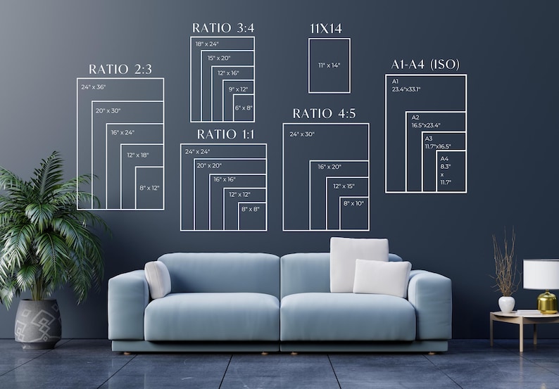 May include: A display of various print sizes and aspect ratios, including 2:3, 3:4, 1:1, 4:5, and 11x14 inches, along with A1-A4 ISO sizes. The white outlines are against a dark blue wall, with a blue sofa and plant in the foreground.