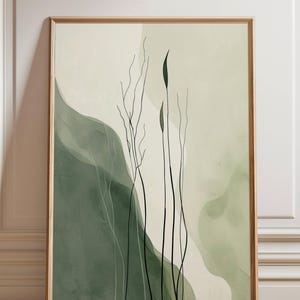 Minimalist Botanical Wall Art Print or Canvas, Sage Green Abstract Plant Artwork, Modern Neutral Nature Decor for Bedroom Poster or Canvas