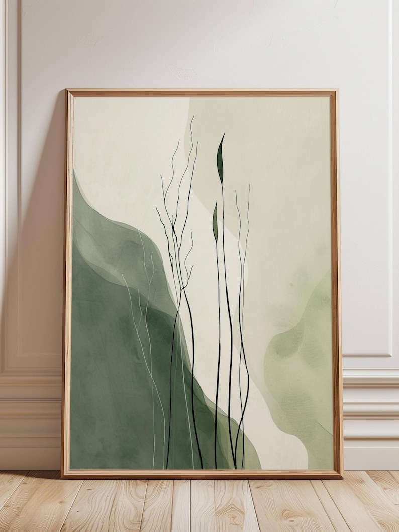 Minimalist Botanical Wall Art Print or Canvas, Sage Green Abstract ...