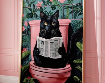 Funny Black Cat Bathroom Art Print - Whimsical Wall Decor, Cat Reading Newspaper, Retro Aesthetic, Gift for Cat Lovers, Cute Home Decor