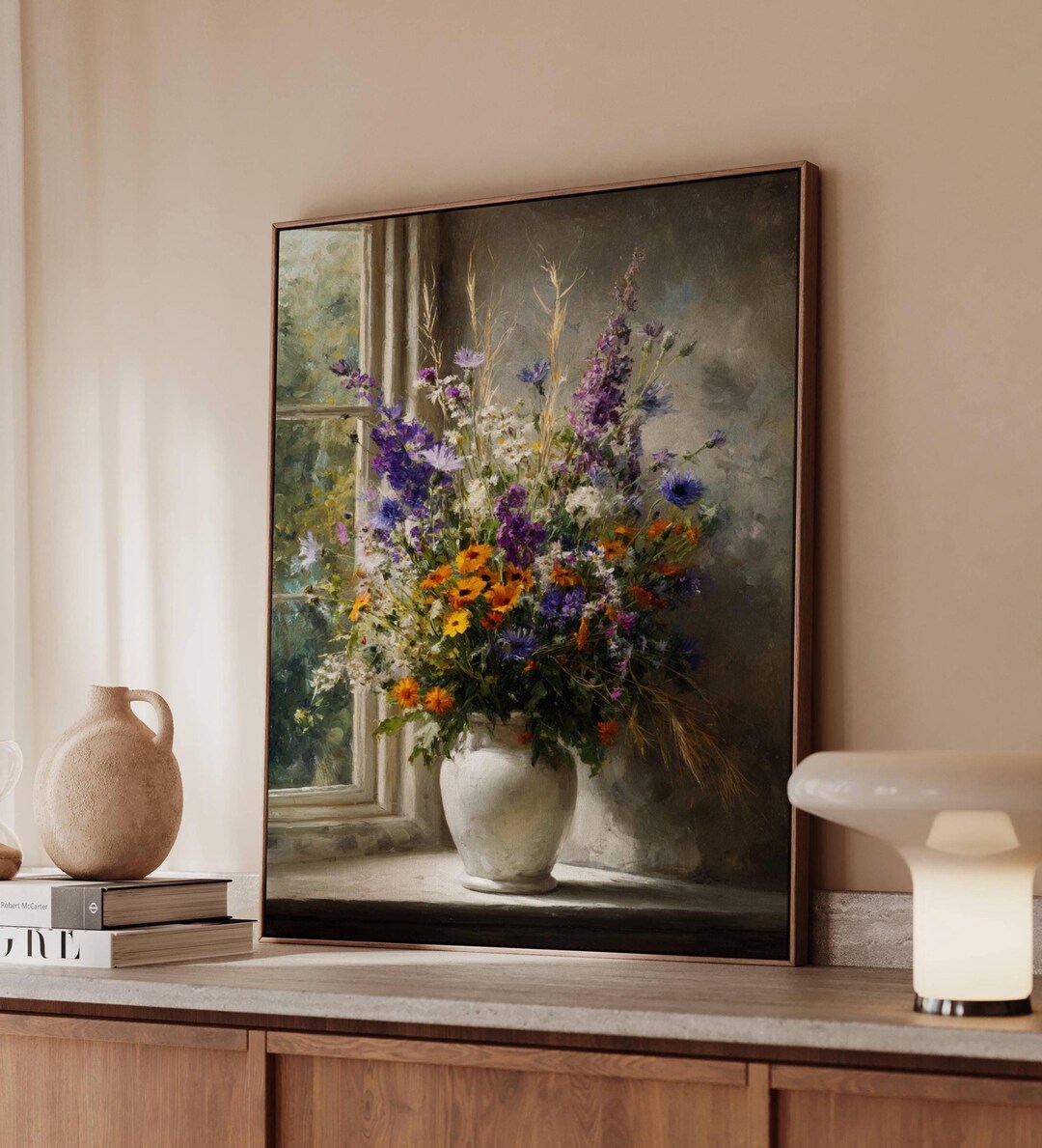 Wildflower Oil Painting Art Print, Rustic Floral Canvas, White Vase ...