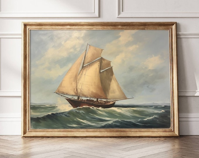 Vintage Sailboat Art Print - Nautical Wall Decor, Ocean Sailing Painting, Maritime Seascape, Coastal Home Decor, Gift for Sailors