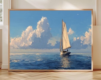 Könnte beinhalten: Gerahmtes Gemälde eines Segelbootes auf einem blauen Ozean unter einem hellblauen Himmel mit großen, flauschigen weißen Wolken. Das Kunstwerk befindet sich in einem Holzrahmen und wird auf einem Holzboden ausgestellt.