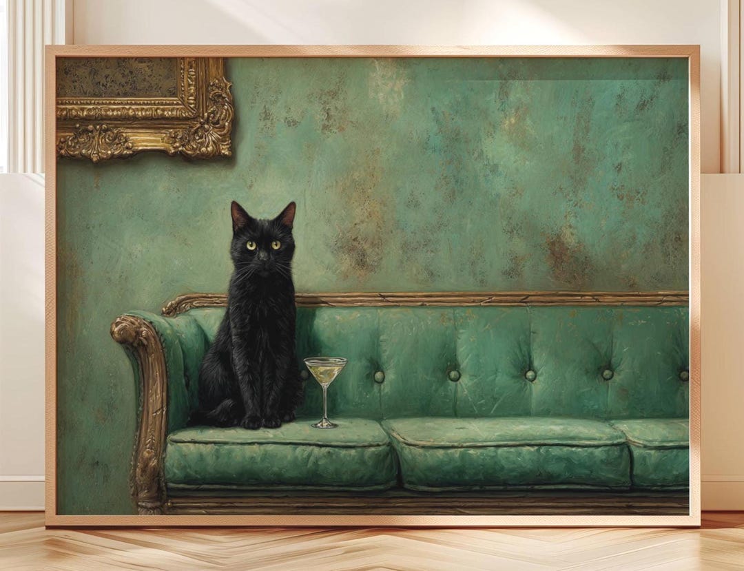Minimalist Black Cat Wall Art Vintage Green Sofa Oil Painting Elegant ...