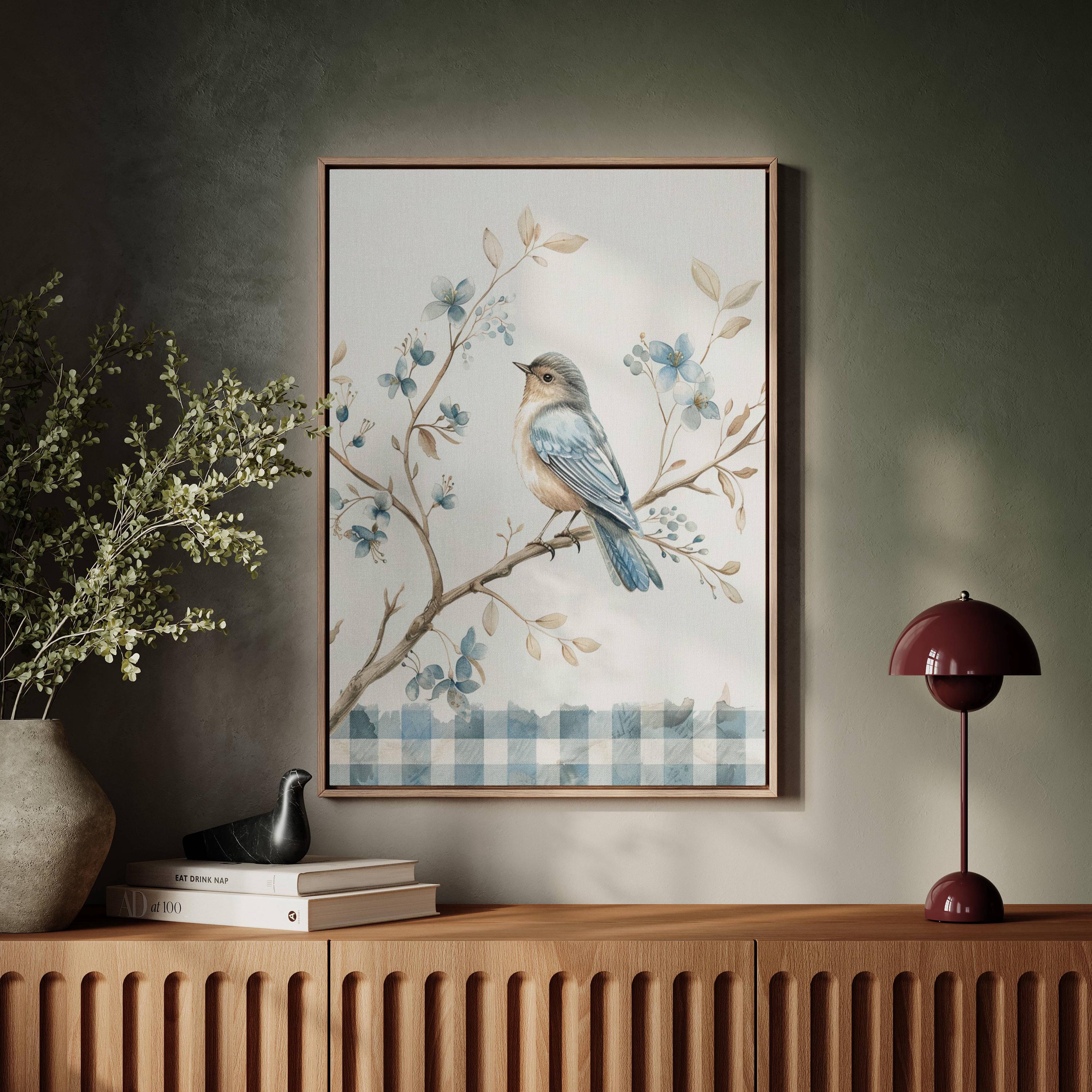 Blue Bird Watercolor Wall Art Print, Vintage Gingham Bird Illustration ...