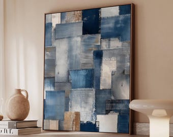 Denim Patchwork Wall Art Blue Textile Abstract Canvas Rustic Modern Home Decor Distressed Fabric Collage Poster Contemporary Artwork Print
