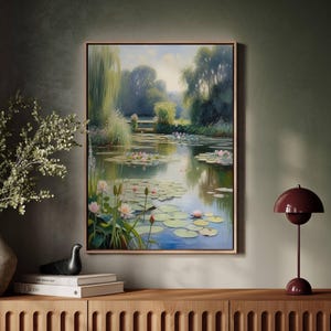 Pastel Lily Pond Canvas Print, Monet Inspired Impressionist Art, Calm Garden Nature Poster, Matte Water Decor, Light Botanical Scene