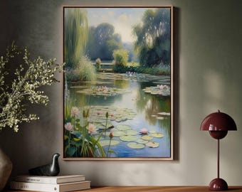 Pastel Lily Pond Canvas Print, Monet Inspired Impressionist Art, Calm Garden Nature Poster, Matte Water Decor, Light Botanical Scene