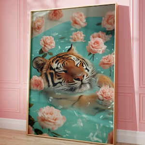 Impression d&#39;art relaxante de salle de bains avec tigre - décoration murale animal bohème - affiche esthétique de la jungle - oeuvre d&#39;art florale pour la baignoire - cadeau fantaisiste de la faune
