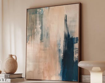 Soft Peach Blue Abstract Wall Art Print, Modern Vertical Painting Poster or Canvas, Calm Neutral Artwork for Living Room Bedroom Decor